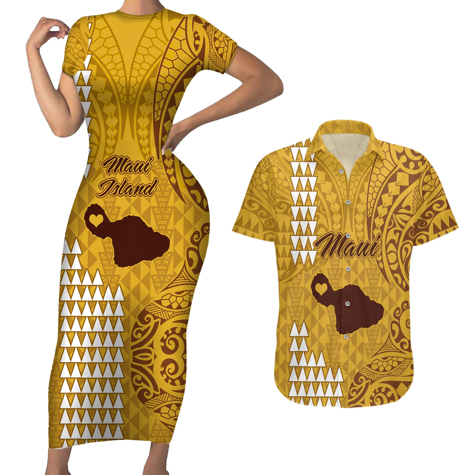 Maui Island Couples Matching Short Sleeve Bodycon Dress and Hawaiian Shirt Kakau Tribal Mixed Polynesian Pattern Gold LT9 Gold - Polynesian Pride