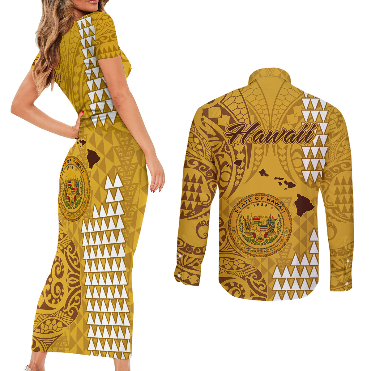 Maui Island Couples Matching Short Sleeve Bodycon Dress and Long Sleeve Button Shirts Kakau Tribal Mixed Polynesian Pattern Gold LT9 - Polynesian Pride