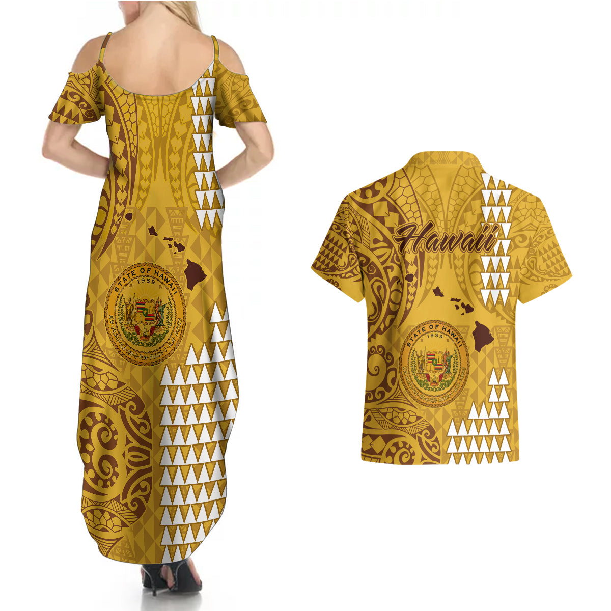 Maui Island Couples Matching Summer Maxi Dress and Hawaiian Shirt Kakau Tribal Mixed Polynesian Pattern Gold LT9 - Polynesian Pride