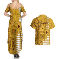 Maui Island Couples Matching Summer Maxi Dress and Hawaiian Shirt Kakau Tribal Mixed Polynesian Pattern Gold LT9 - Polynesian Pride