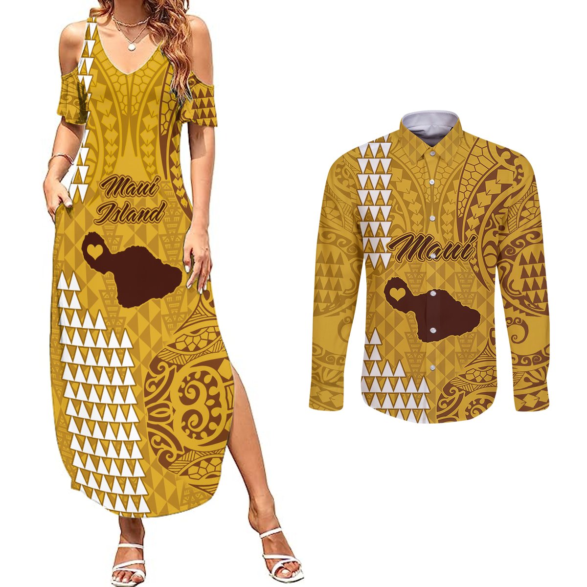 Maui Island Couples Matching Summer Maxi Dress and Long Sleeve Button Shirts Kakau Tribal Mixed Polynesian Pattern Gold LT9 Gold - Polynesian Pride