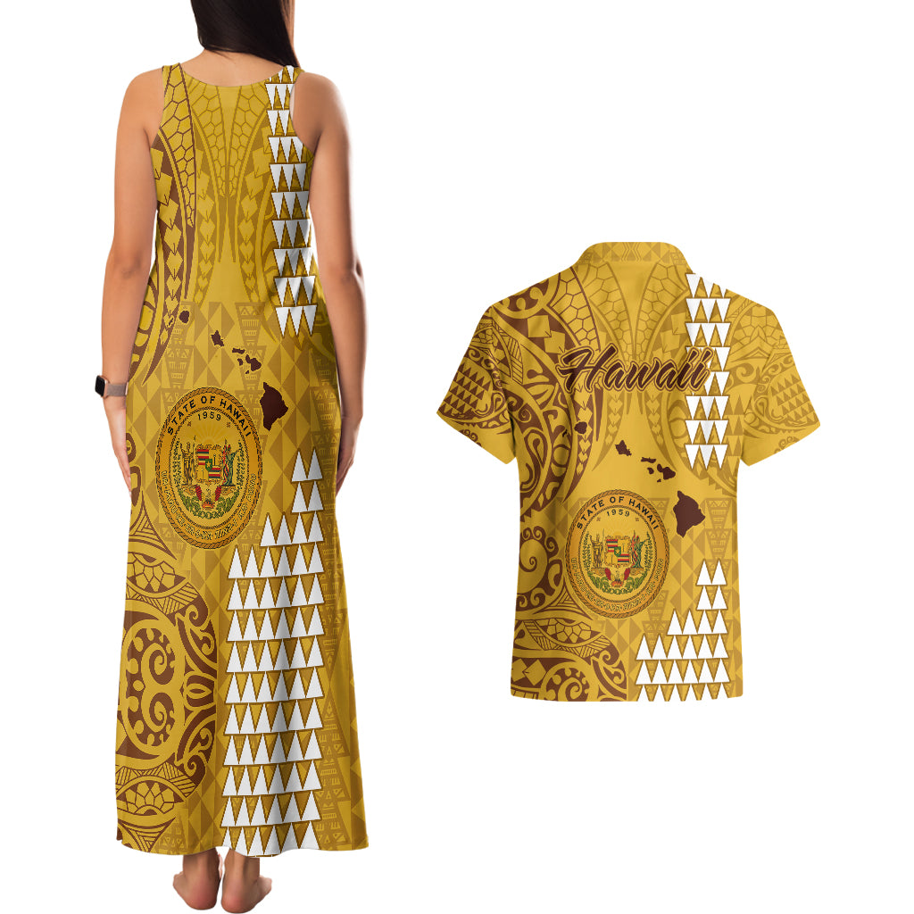Maui Island Couples Matching Tank Maxi Dress and Hawaiian Shirt Kakau Tribal Mixed Polynesian Pattern Gold LT9 - Polynesian Pride