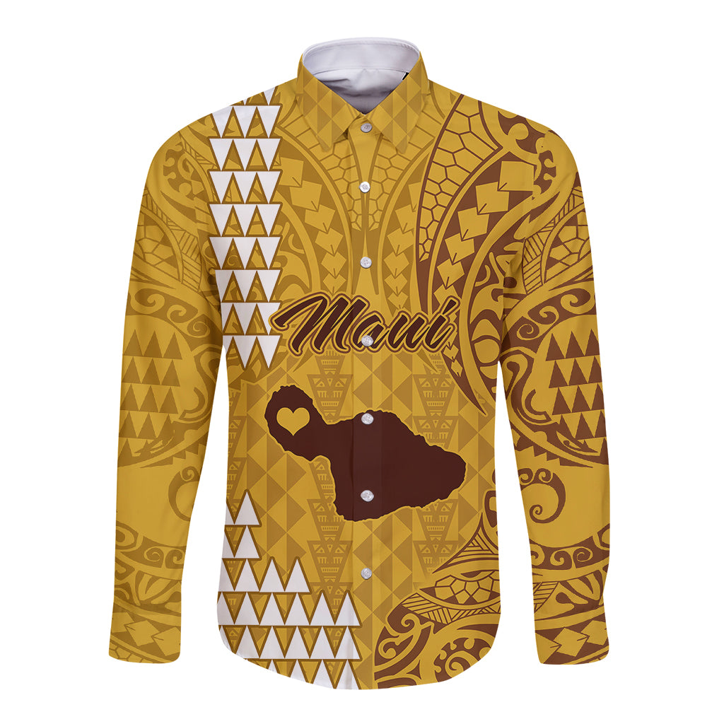 Maui Island Long Sleeve Button Shirt Kakau Tribal Mixed Polynesian Pattern Gold LT9 Unisex Gold - Polynesian Pride