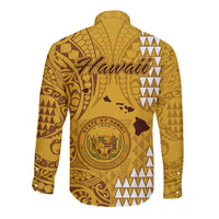 Maui Island Long Sleeve Button Shirt Kakau Tribal Mixed Polynesian Pattern Gold LT9 - Polynesian Pride