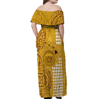 Maui Island Off Shoulder Maxi Dress Kakau Tribal Mixed Polynesian Pattern Gold LT9 - Polynesian Pride