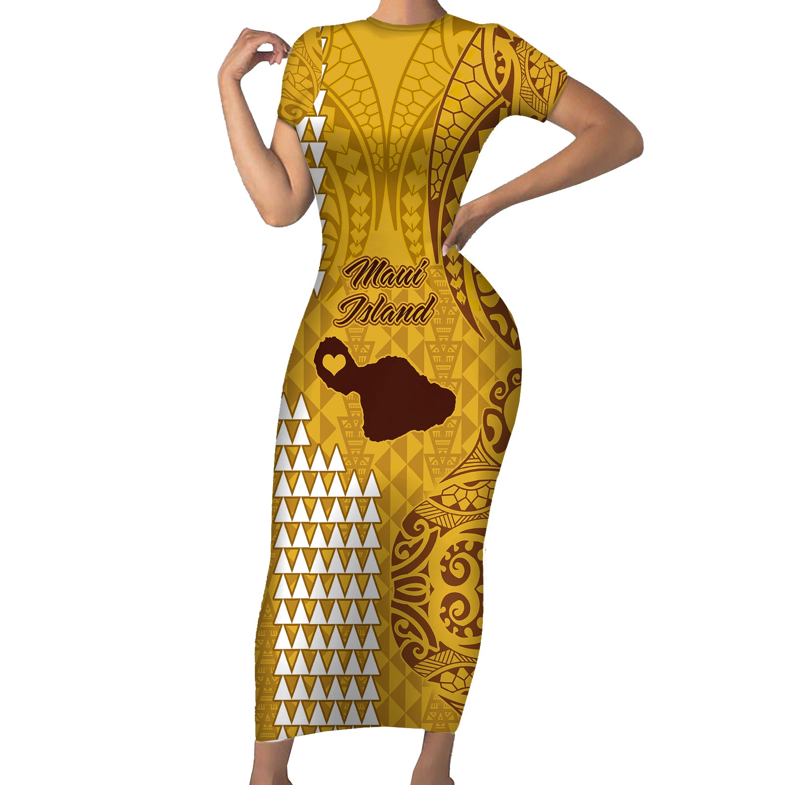 Maui Island Short Sleeve Bodycon Dress Kakau Tribal Mixed Polynesian Pattern Gold LT9 Long Dress Gold - Polynesian Pride