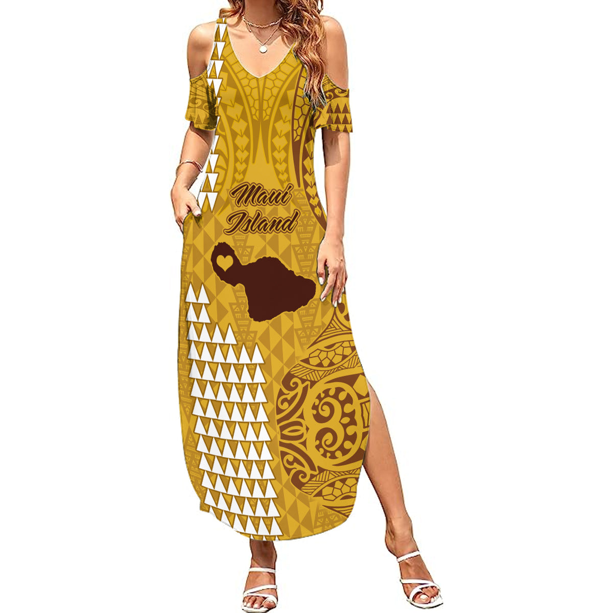Maui Island Summer Maxi Dress Kakau Tribal Mixed Polynesian Pattern Gold LT9 Women Gold - Polynesian Pride