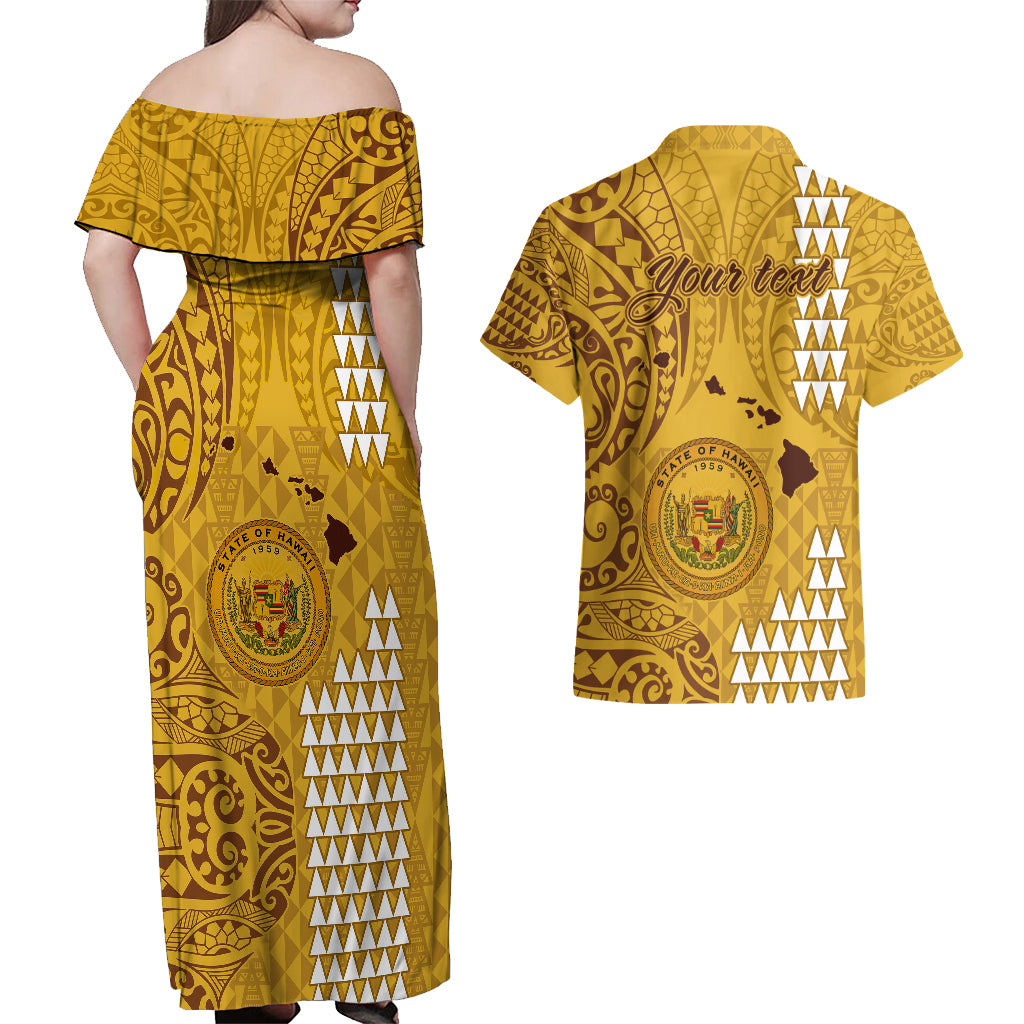 Personalised Maui Island Couples Matching Off Shoulder Maxi Dress and Hawaiian Shirt Kakau Tribal Mixed Polynesian Pattern Gold LT9 - Polynesian Pride