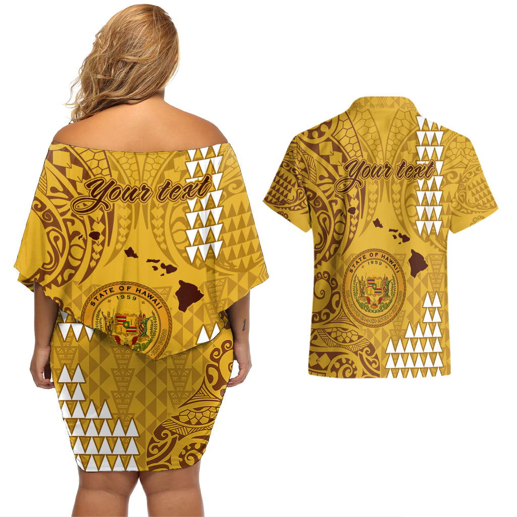 Personalised Maui Island Couples Matching Off Shoulder Short Dress and Hawaiian Shirt Kakau Tribal Mixed Polynesian Pattern Gold LT9 - Polynesian Pride