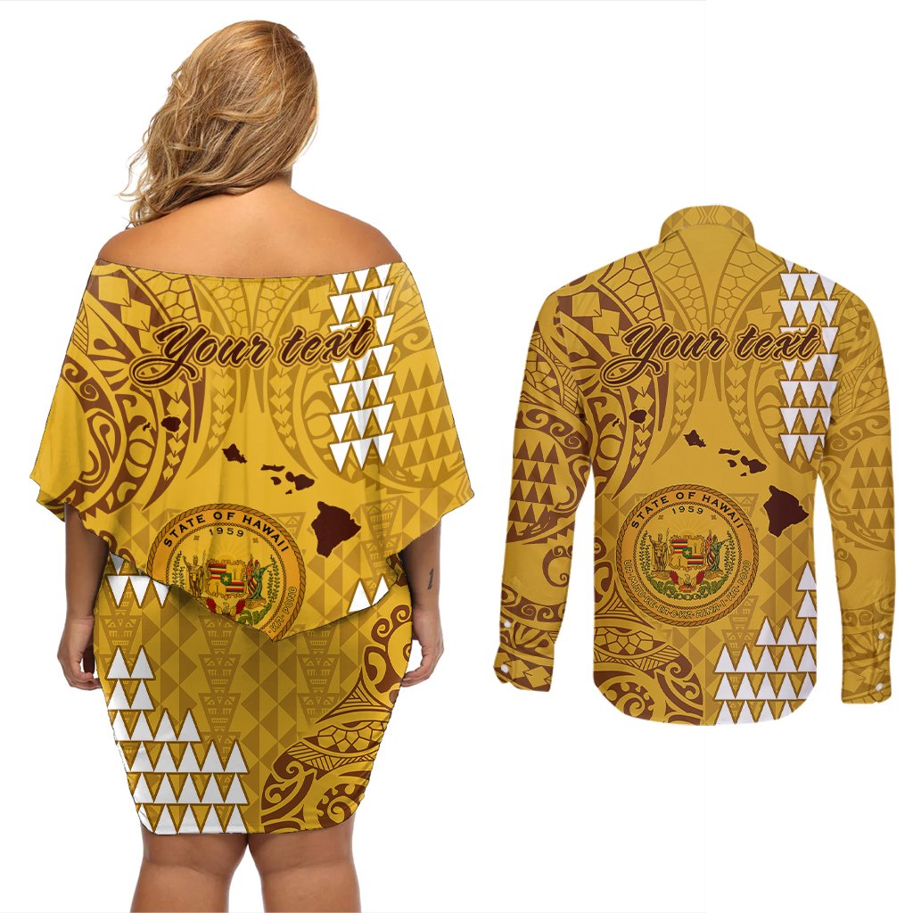 Personalised Maui Island Couples Matching Off Shoulder Short Dress and Long Sleeve Button Shirts Kakau Tribal Mixed Polynesian Pattern Gold LT9 - Polynesian Pride