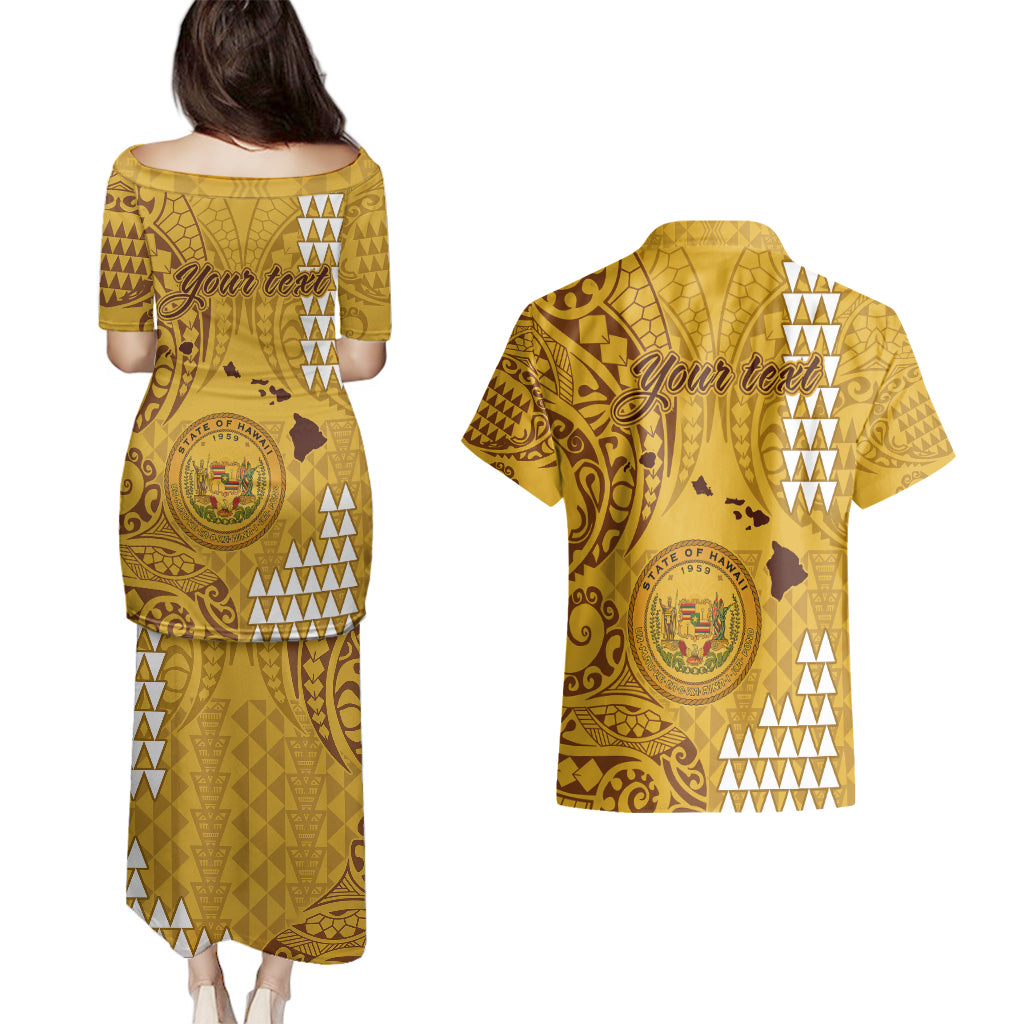 Personalised Maui Island Couples Matching Puletasi Dress and Hawaiian Shirt Kakau Tribal Mixed Polynesian Pattern Gold LT9 - Polynesian Pride