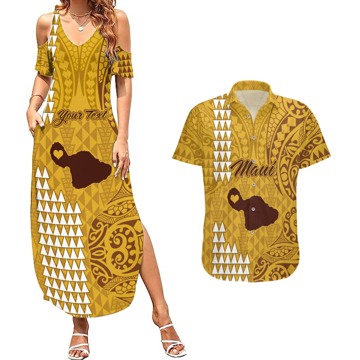 Personalised Maui Island Couples Matching Summer Maxi Dress and Hawaiian Shirt Kakau Tribal Mixed Polynesian Pattern Gold LT9 Gold - Polynesian Pride