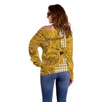 Personalised Maui Island Off Shoulder Sweater Kakau Tribal Mixed Polynesian Pattern Gold LT9 - Polynesian Pride