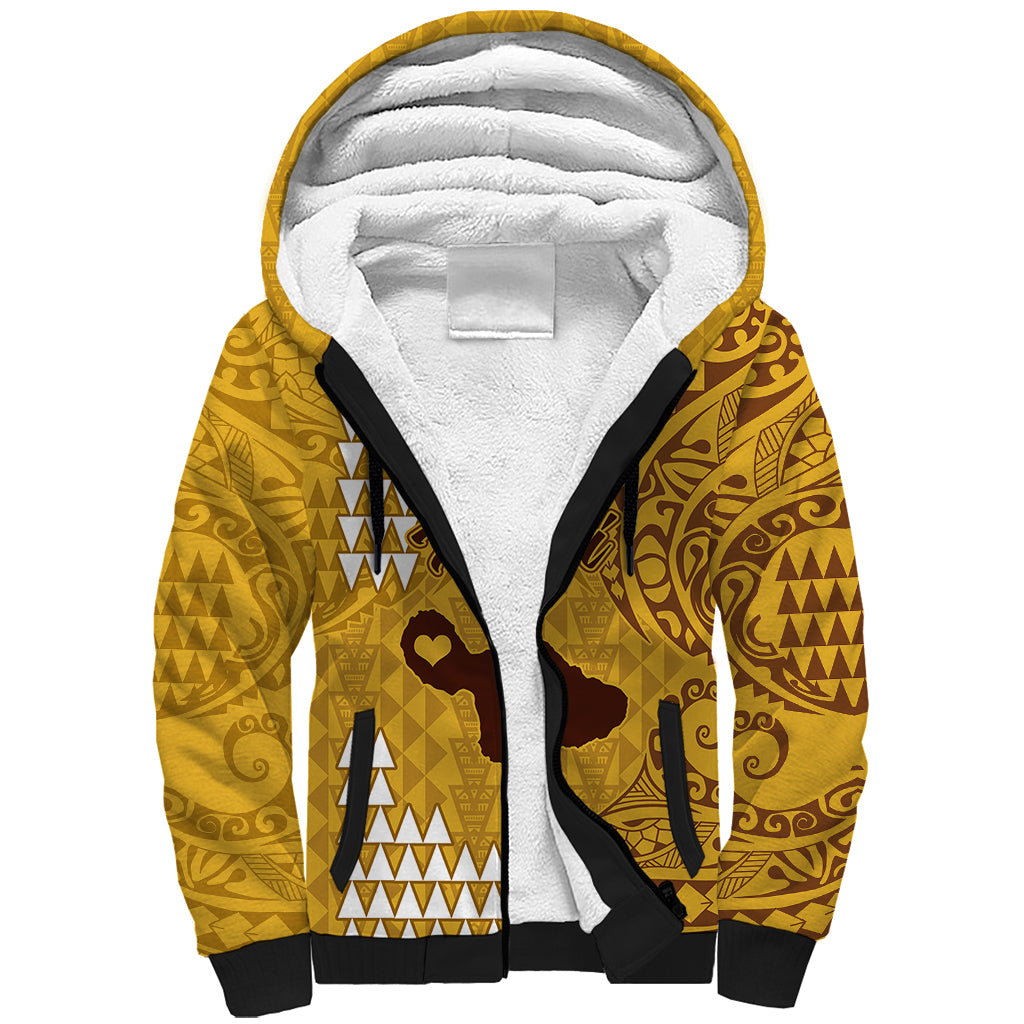 Personalised Maui Island Sherpa Hoodie Kakau Tribal Mixed Polynesian Pattern Gold LT9 Unisex Gold - Polynesian Pride