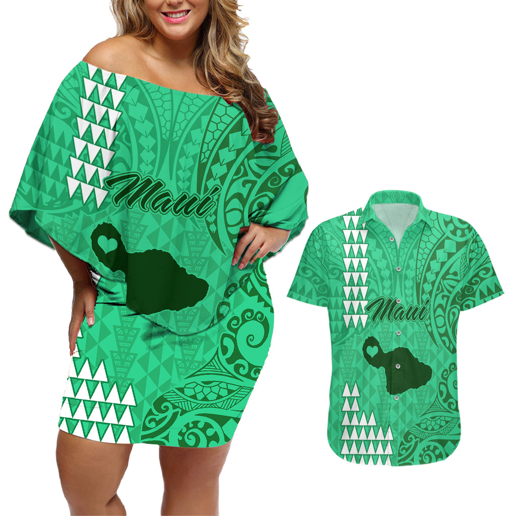Maui Island Couples Matching Off Shoulder Short Dress and Hawaiian Shirt Kakau Tribal Mixed Polynesian Pattern Green LT9 Green - Polynesian Pride