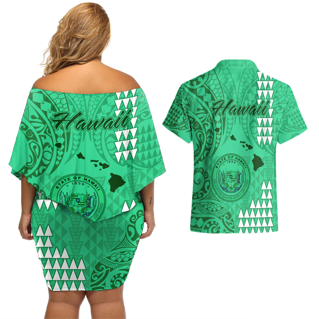 Maui Island Couples Matching Off Shoulder Short Dress and Hawaiian Shirt Kakau Tribal Mixed Polynesian Pattern Green LT9 - Polynesian Pride