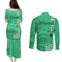 Maui Island Couples Matching Puletasi Dress and Long Sleeve Button Shirts Kakau Tribal Mixed Polynesian Pattern Green LT9 - Polynesian Pride