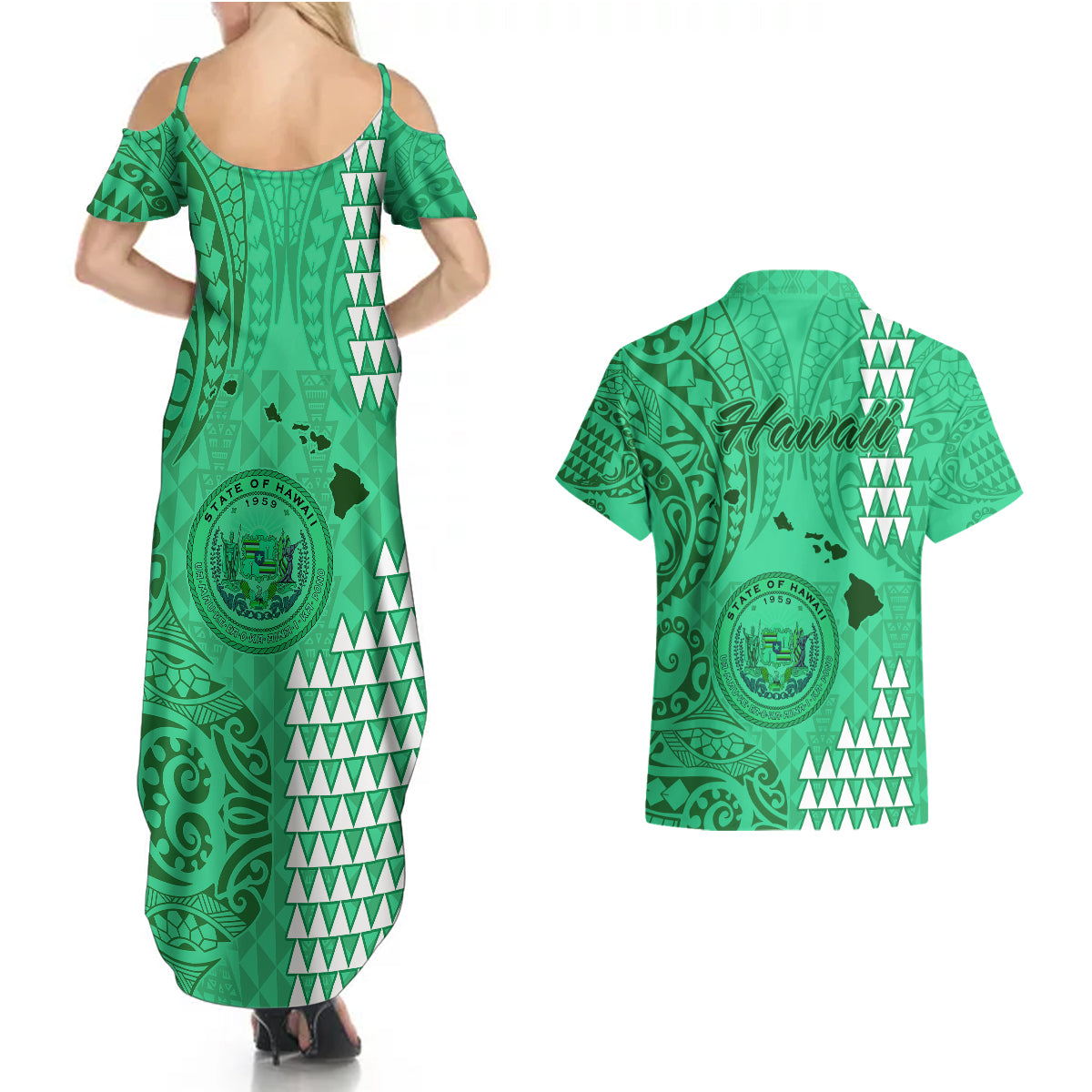 Maui Island Couples Matching Summer Maxi Dress and Hawaiian Shirt Kakau Tribal Mixed Polynesian Pattern Green LT9 - Polynesian Pride