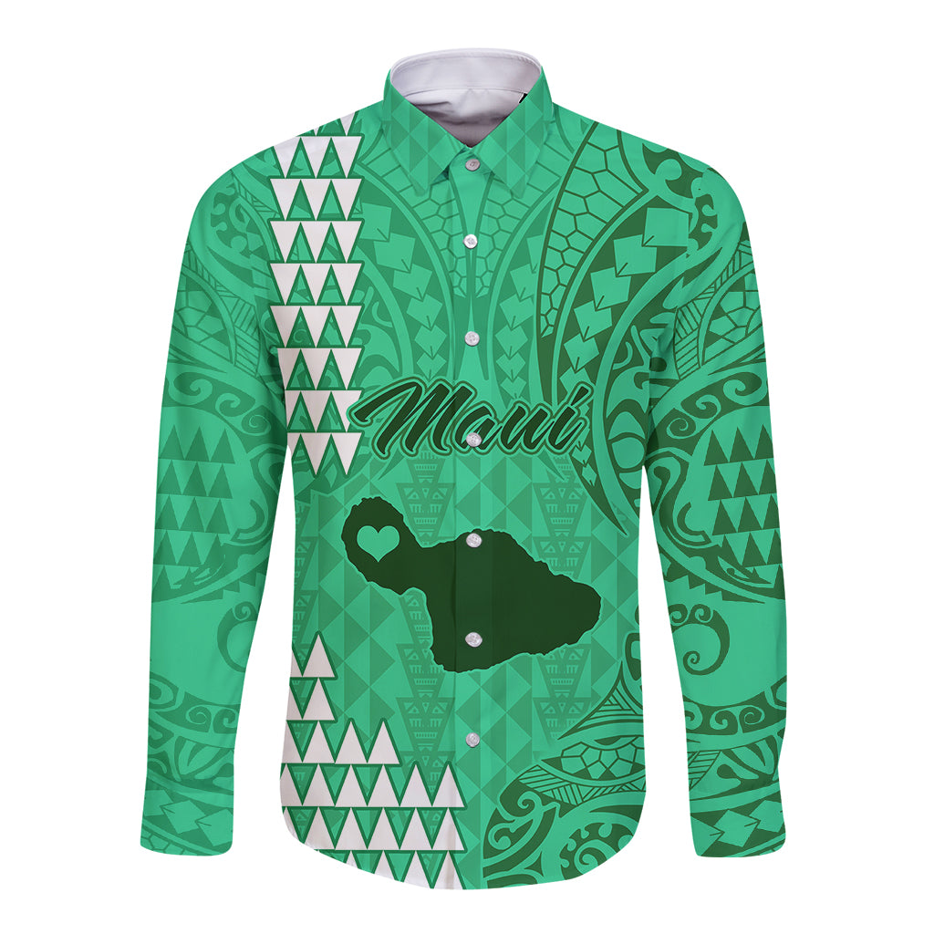 Maui Island Long Sleeve Button Shirt Kakau Tribal Mixed Polynesian Pattern Green LT9 Unisex Green - Polynesian Pride