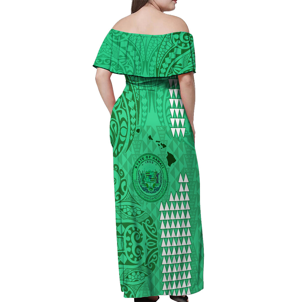Maui Island Off Shoulder Maxi Dress Kakau Tribal Mixed Polynesian Pattern Green LT9 - Polynesian Pride