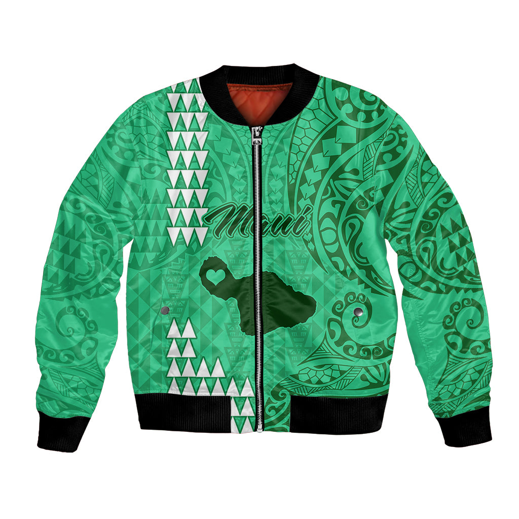 Personalised Maui Island Bomber Jacket Kakau Tribal Mixed Polynesian Pattern Green LT9 Unisex Green - Polynesian Pride