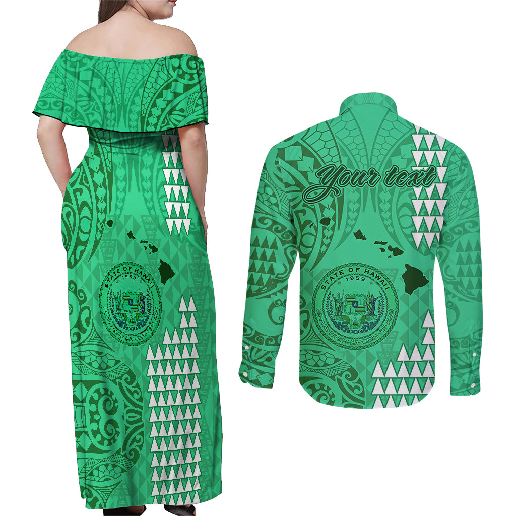 Personalised Maui Island Couples Matching Off Shoulder Maxi Dress and Long Sleeve Button Shirts Kakau Tribal Mixed Polynesian Pattern Green LT9 - Polynesian Pride