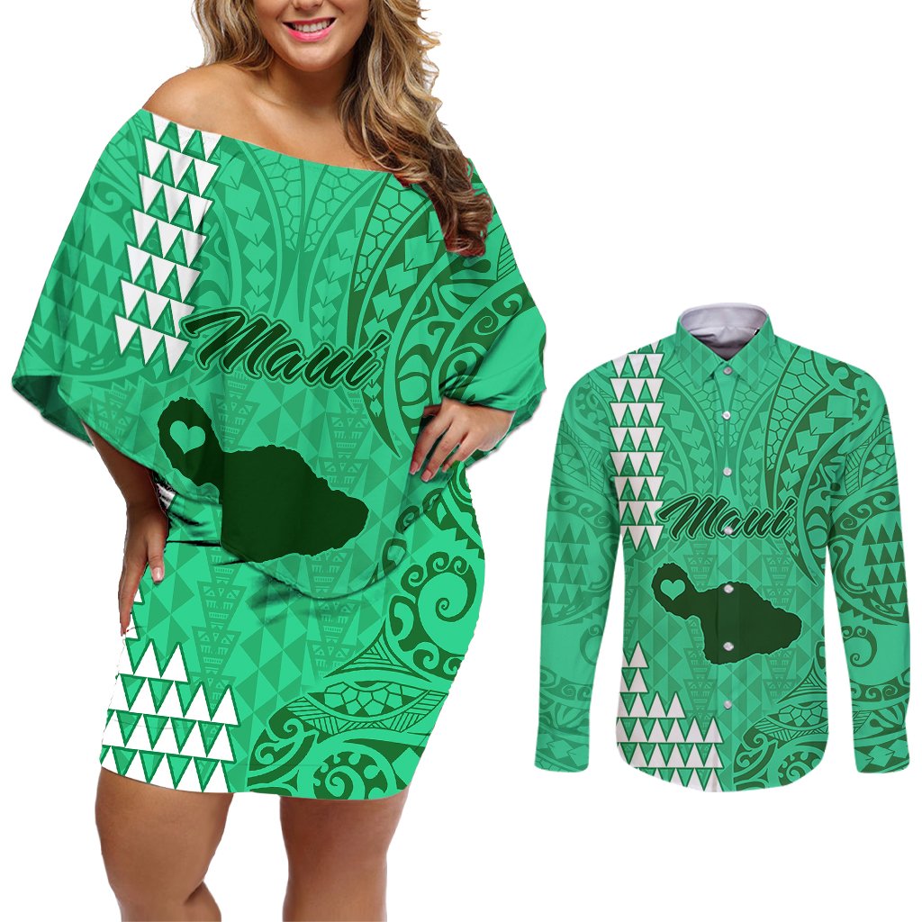 Personalised Maui Island Couples Matching Off Shoulder Short Dress and Long Sleeve Button Shirts Kakau Tribal Mixed Polynesian Pattern Green LT9 Green - Polynesian Pride