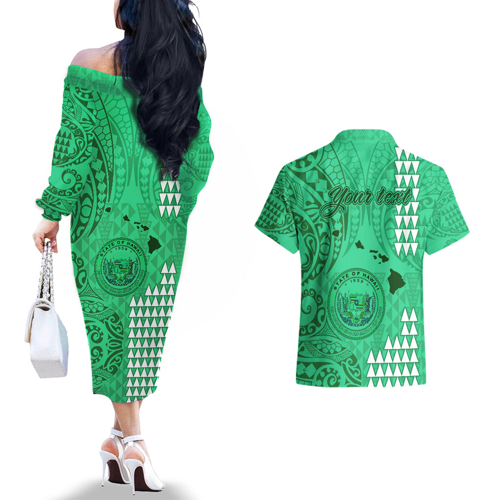 Personalised Maui Island Couples Matching Off The Shoulder Long Sleeve Dress and Hawaiian Shirt Kakau Tribal Mixed Polynesian Pattern Green LT9 - Polynesian Pride