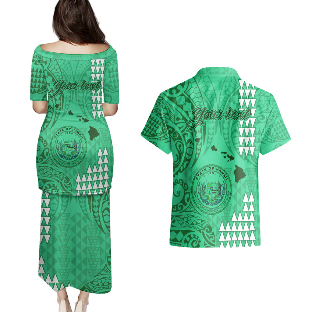 Personalised Maui Island Couples Matching Puletasi Dress and Hawaiian Shirt Kakau Tribal Mixed Polynesian Pattern Green LT9 - Polynesian Pride