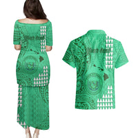 Personalised Maui Island Couples Matching Puletasi Dress and Hawaiian Shirt Kakau Tribal Mixed Polynesian Pattern Green LT9 - Polynesian Pride