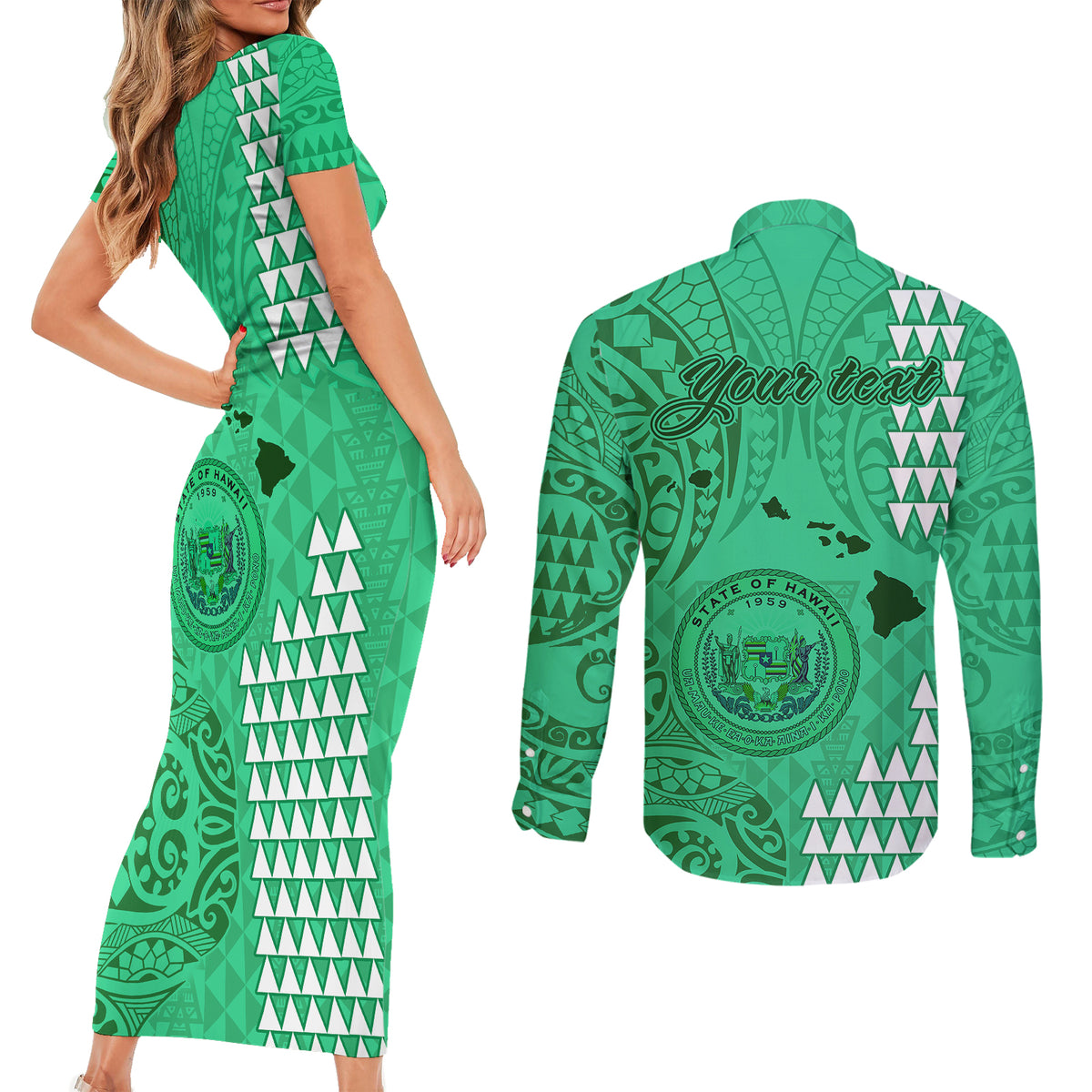 Personalised Maui Island Couples Matching Short Sleeve Bodycon Dress and Long Sleeve Button Shirts Kakau Tribal Mixed Polynesian Pattern Green LT9 - Polynesian Pride
