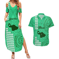 Personalised Maui Island Couples Matching Summer Maxi Dress and Hawaiian Shirt Kakau Tribal Mixed Polynesian Pattern Green LT9 Green - Polynesian Pride
