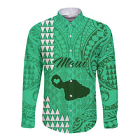 Personalised Maui Island Long Sleeve Button Shirt Kakau Tribal Mixed Polynesian Pattern Green LT9 Unisex Green - Polynesian Pride