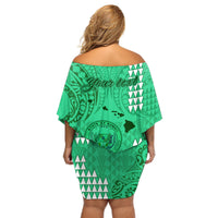 Personalised Maui Island Off Shoulder Short Dress Kakau Tribal Mixed Polynesian Pattern Green LT9 - Polynesian Pride