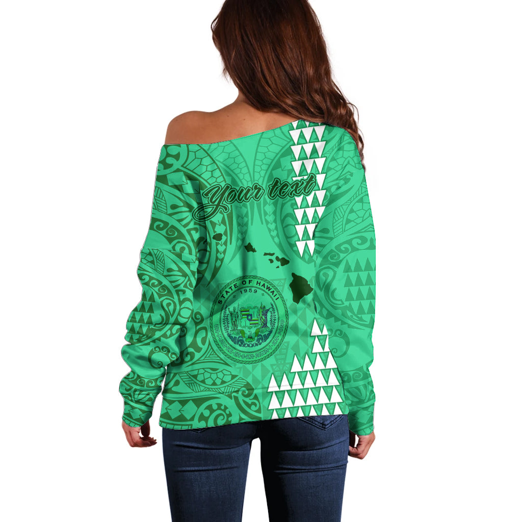 Personalised Maui Island Off Shoulder Sweater Kakau Tribal Mixed Polynesian Pattern Green LT9 - Polynesian Pride
