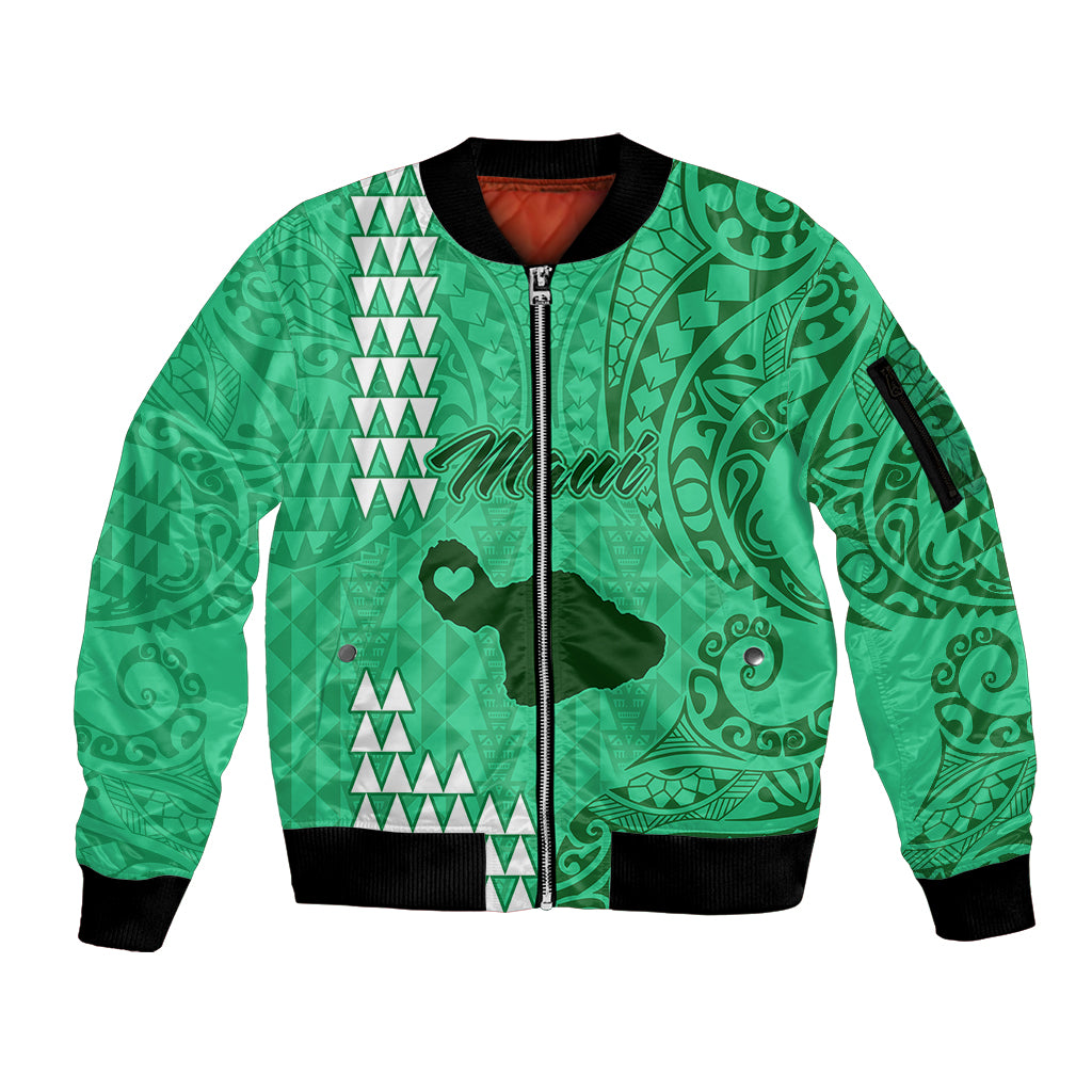 Personalised Maui Island Sleeve Zip Bomber Jacket Kakau Tribal Mixed Polynesian Pattern Green LT9 Unisex Green - Polynesian Pride