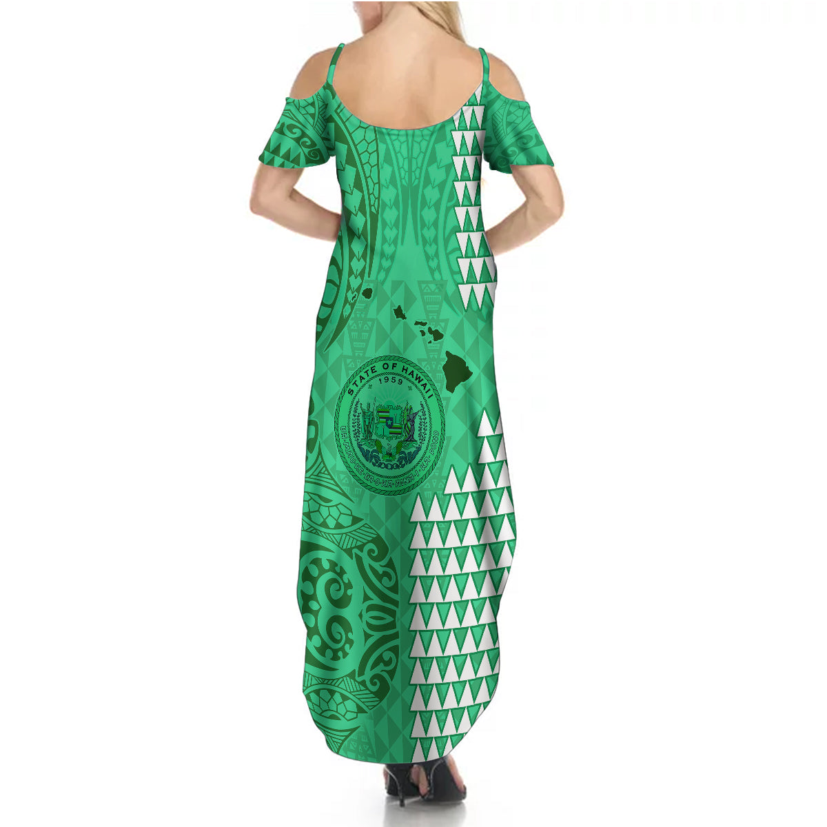 Personalised Maui Island Summer Maxi Dress Kakau Tribal Mixed Polynesian Pattern Green LT9 - Polynesian Pride