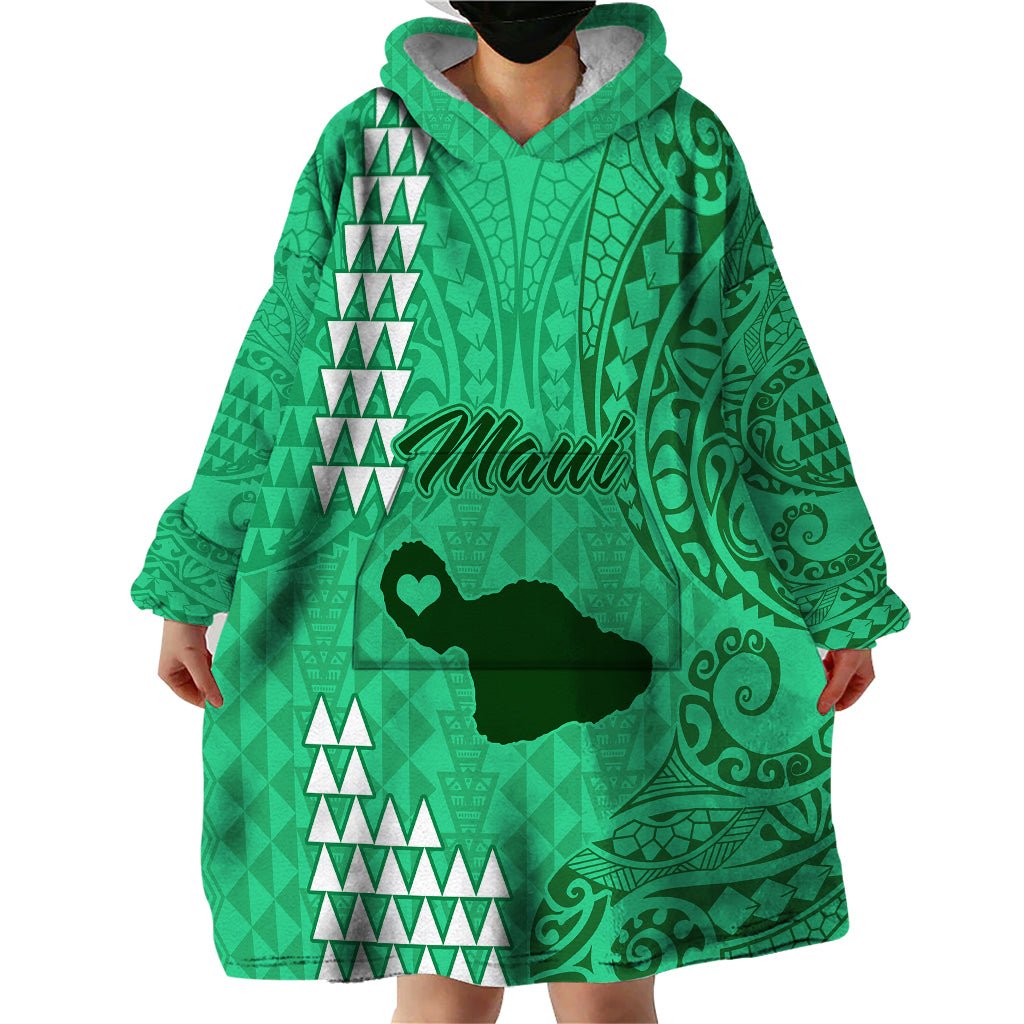 Personalised Maui Island Wearable Blanket Hoodie Kakau Tribal Mixed Polynesian Pattern Green LT9 - Polynesian Pride