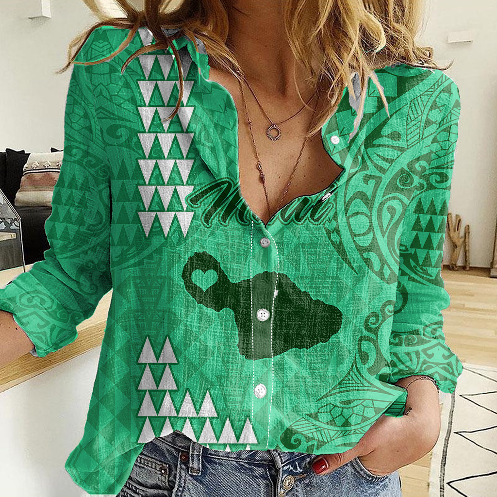 Personalised Maui Island Women Casual Shirt Kakau Tribal Mixed Polynesian Pattern Green LT9 Female Green - Polynesian Pride