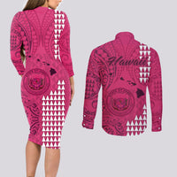 Maui Island Couples Matching Long Sleeve Bodycon Dress and Long Sleeve Button Shirts Kakau Tribal Mixed Polynesian Pattern Pink LT9 - Polynesian Pride
