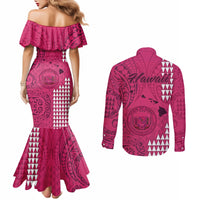 Maui Island Couples Matching Mermaid Dress and Long Sleeve Button Shirts Kakau Tribal Mixed Polynesian Pattern Pink LT9 - Polynesian Pride
