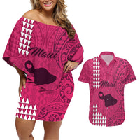 Maui Island Couples Matching Off Shoulder Short Dress and Hawaiian Shirt Kakau Tribal Mixed Polynesian Pattern Pink LT9 Pink - Polynesian Pride