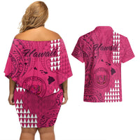 Maui Island Couples Matching Off Shoulder Short Dress and Hawaiian Shirt Kakau Tribal Mixed Polynesian Pattern Pink LT9 - Polynesian Pride