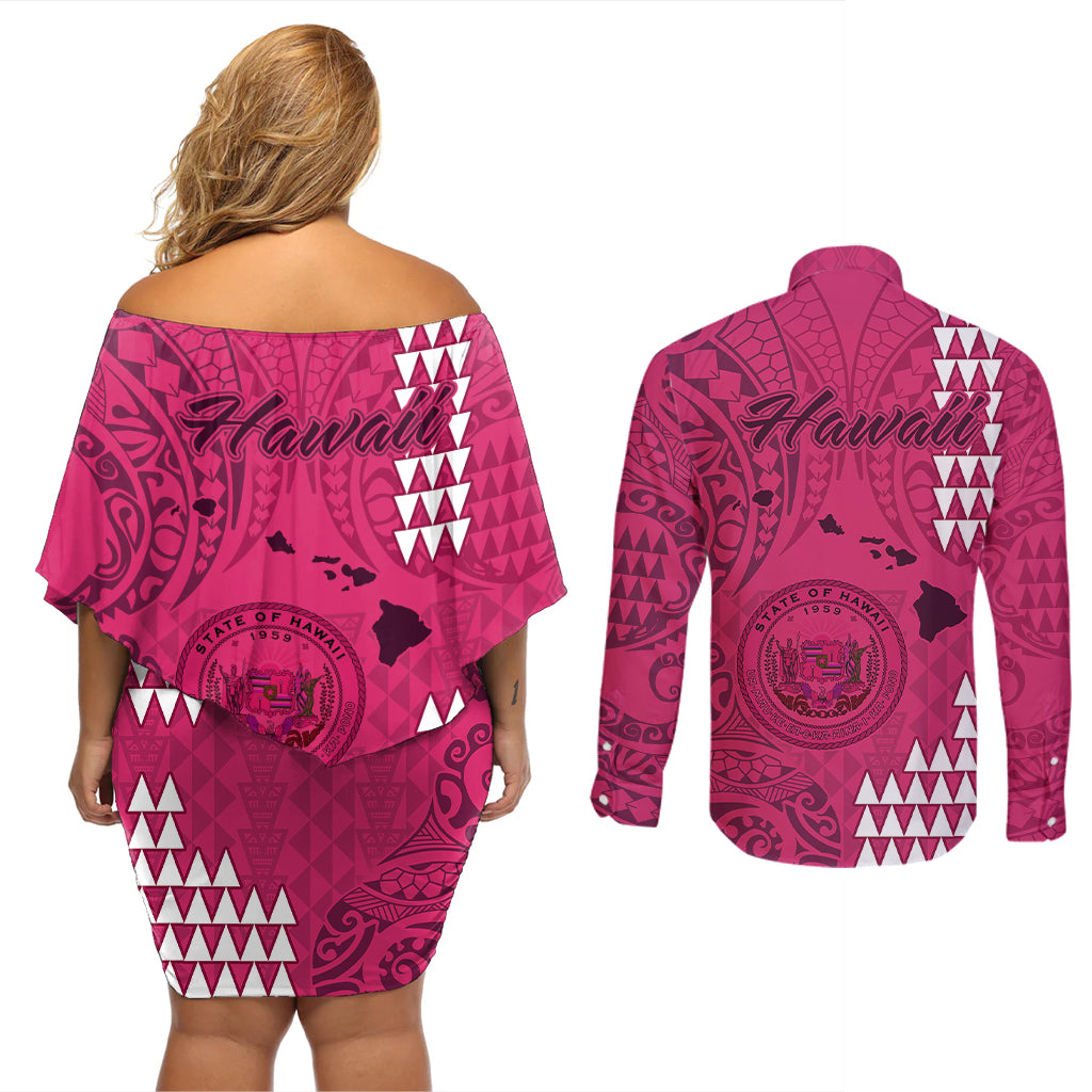 Maui Island Couples Matching Off Shoulder Short Dress and Long Sleeve Button Shirts Kakau Tribal Mixed Polynesian Pattern Pink LT9 - Polynesian Pride