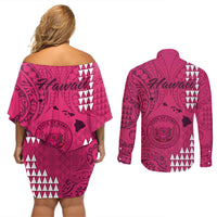 Maui Island Couples Matching Off Shoulder Short Dress and Long Sleeve Button Shirts Kakau Tribal Mixed Polynesian Pattern Pink LT9 - Polynesian Pride