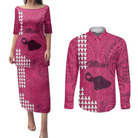 Maui Island Couples Matching Puletasi Dress and Long Sleeve Button Shirts Kakau Tribal Mixed Polynesian Pattern Pink LT9 Pink - Polynesian Pride