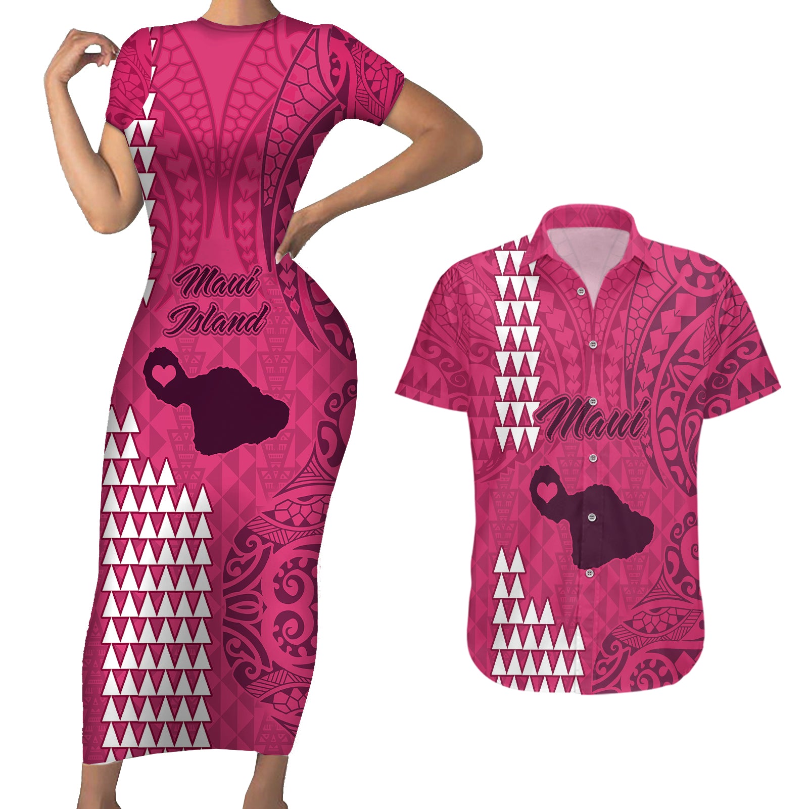 Maui Island Couples Matching Short Sleeve Bodycon Dress and Hawaiian Shirt Kakau Tribal Mixed Polynesian Pattern Pink LT9 Pink - Polynesian Pride