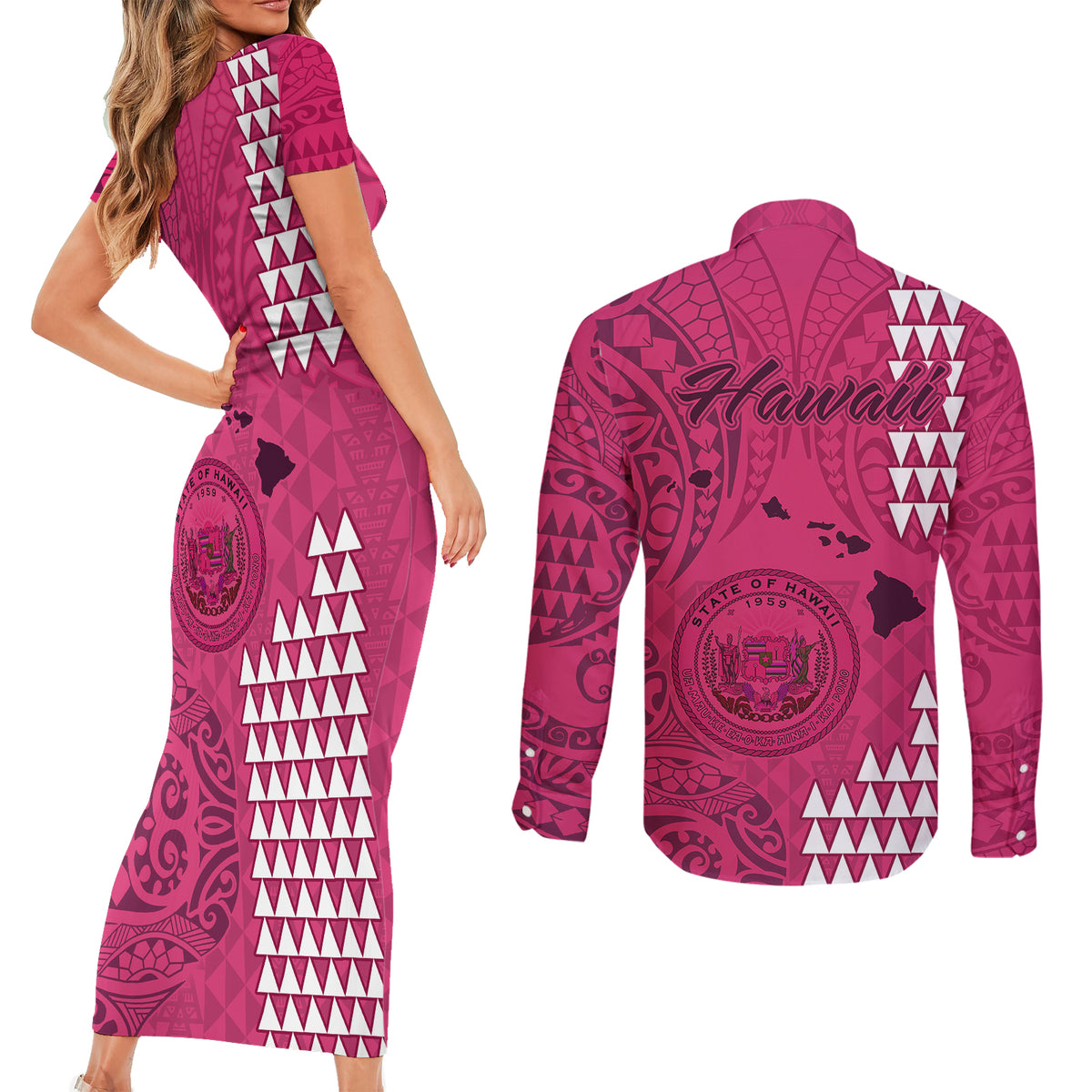 Maui Island Couples Matching Short Sleeve Bodycon Dress and Long Sleeve Button Shirts Kakau Tribal Mixed Polynesian Pattern Pink LT9 - Polynesian Pride