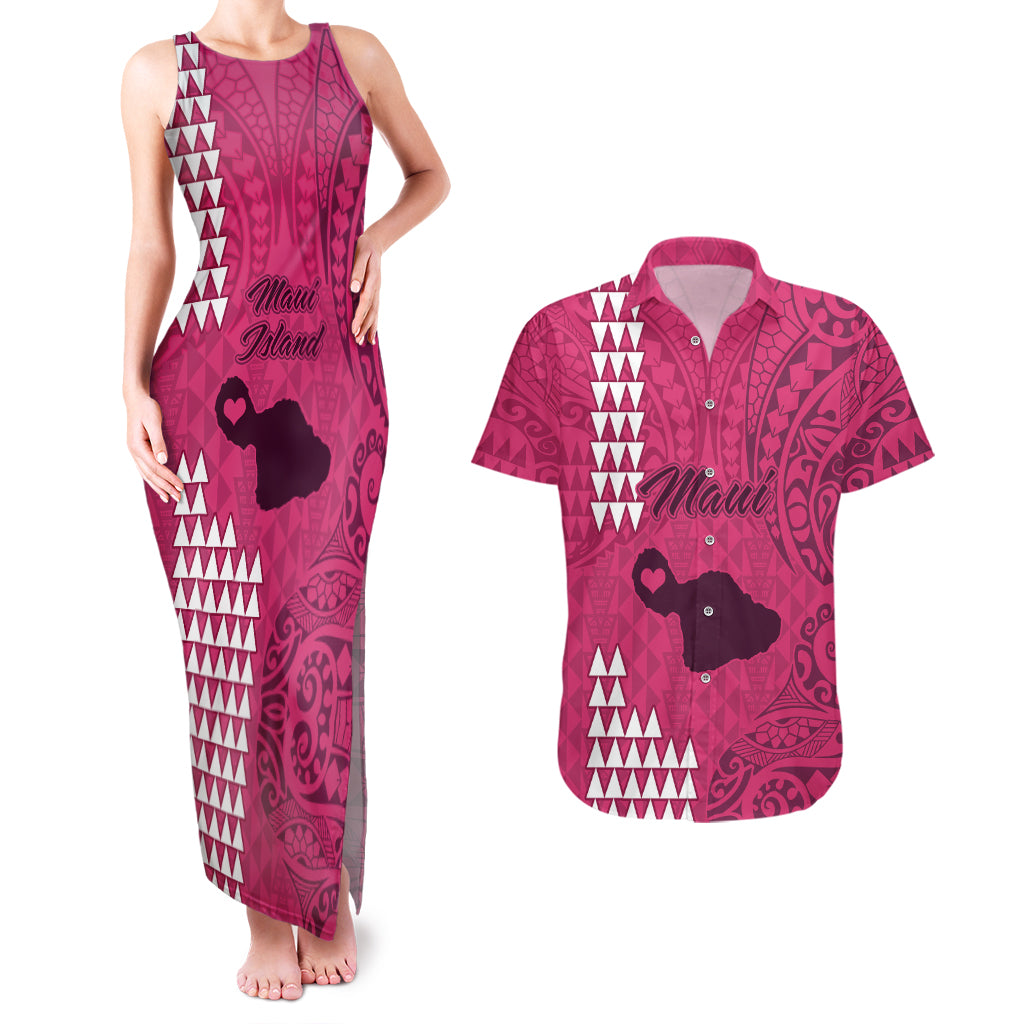 Maui Island Couples Matching Tank Maxi Dress and Hawaiian Shirt Kakau Tribal Mixed Polynesian Pattern Pink LT9 Pink - Polynesian Pride