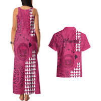 Maui Island Couples Matching Tank Maxi Dress and Hawaiian Shirt Kakau Tribal Mixed Polynesian Pattern Pink LT9 - Polynesian Pride